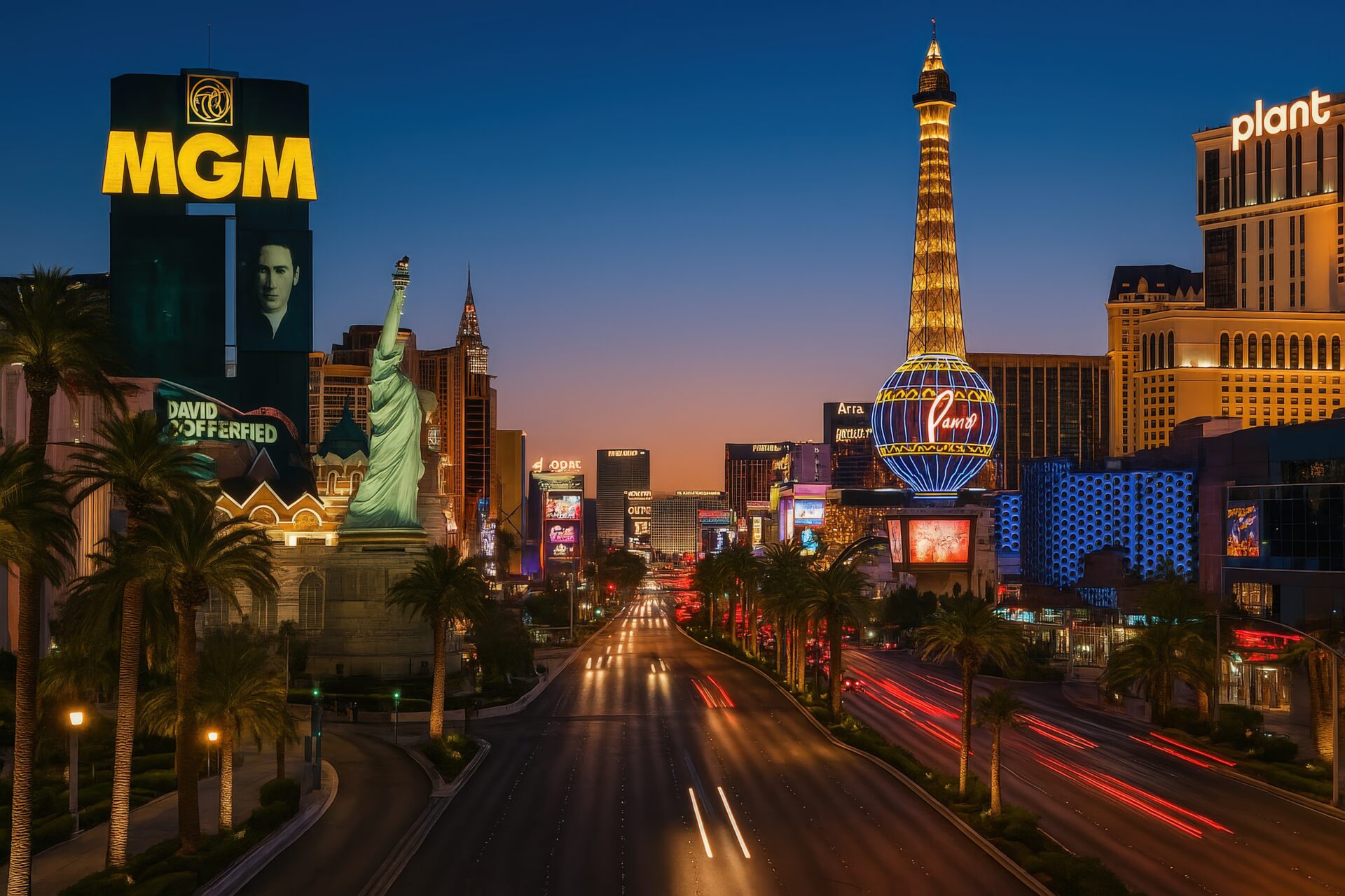 ラスベガスの夜景とライトアップされた街並み