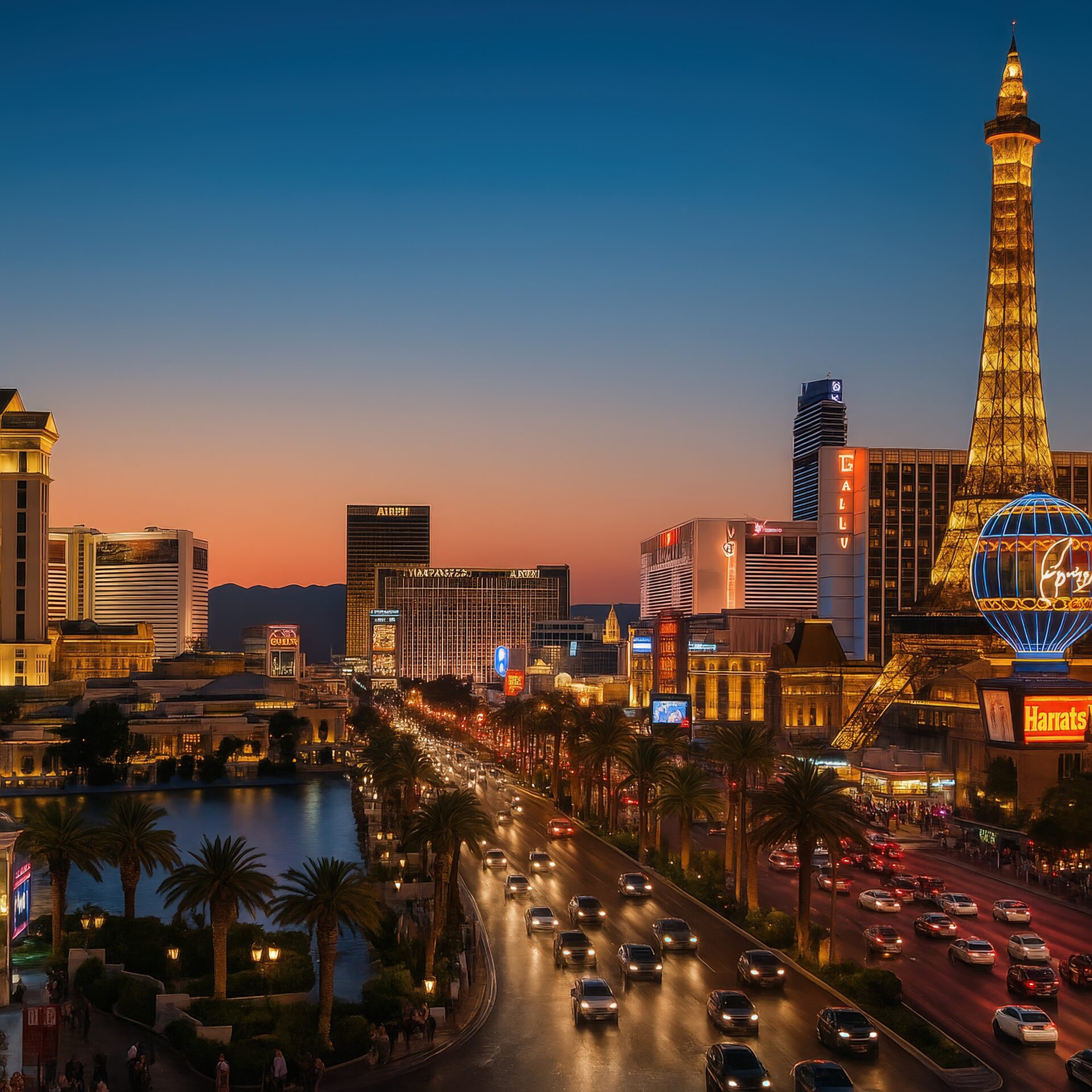 夕暮れのラスベガス・ストリップとネオンの輝き