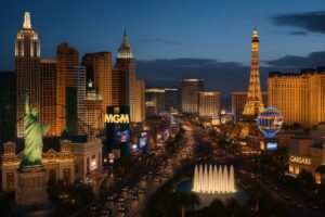 自由の女神のレプリカとラスベガスのネオン街