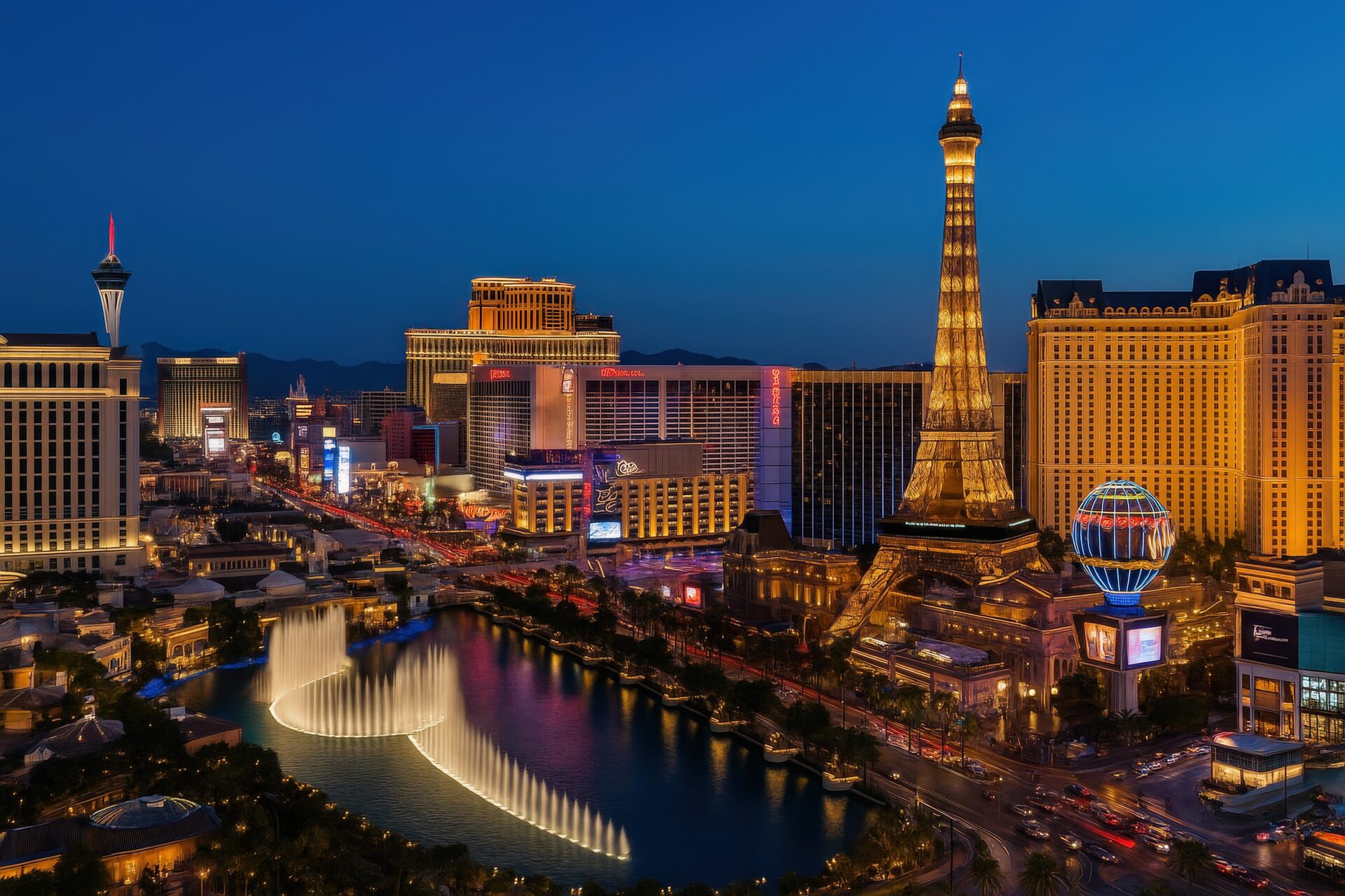 噴水ショーとラスベガスのきらびやかな夜景