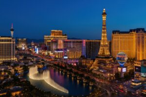 噴水ショーとラスベガスのきらびやかな夜景