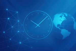 地球と時計が描かれたニュース風テクノロジー背景