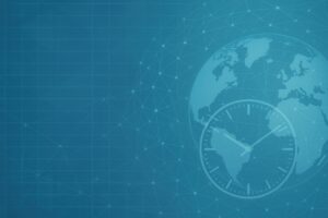 グローバルネットワークと時計が融合した近未来背景