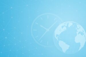 明るいブルー基調の地球と時計のニュース背景