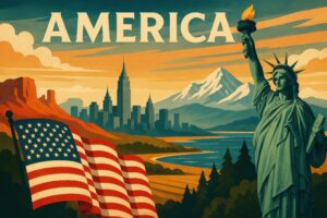 夕焼けに染まるアメリカの風景と自由の女神