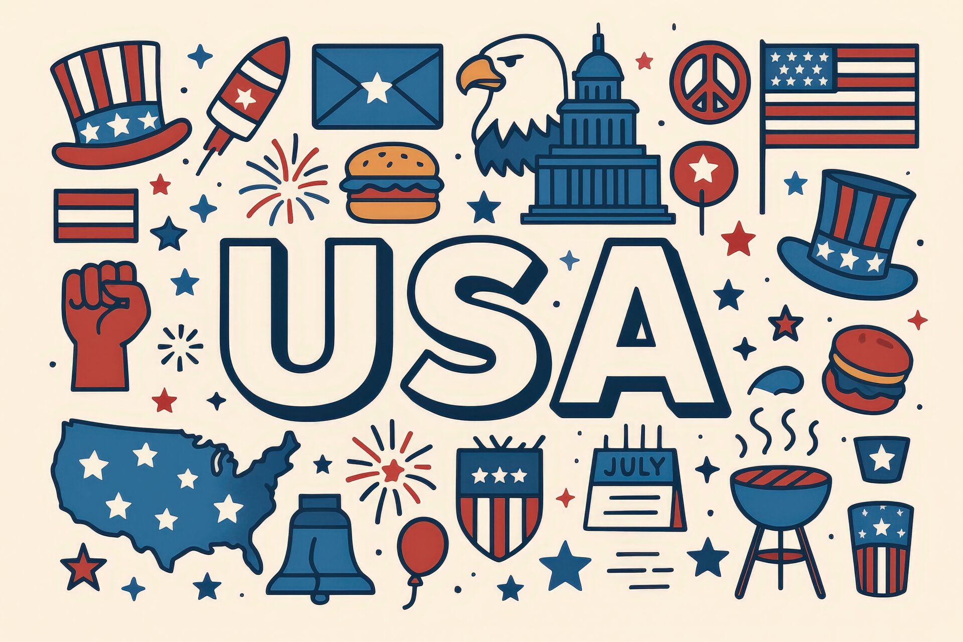 アメリカを象徴するアイテムを集めたイラストセット