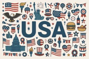 USAロゴと共に描かれた星条旗とアメリカ文化のアイコン