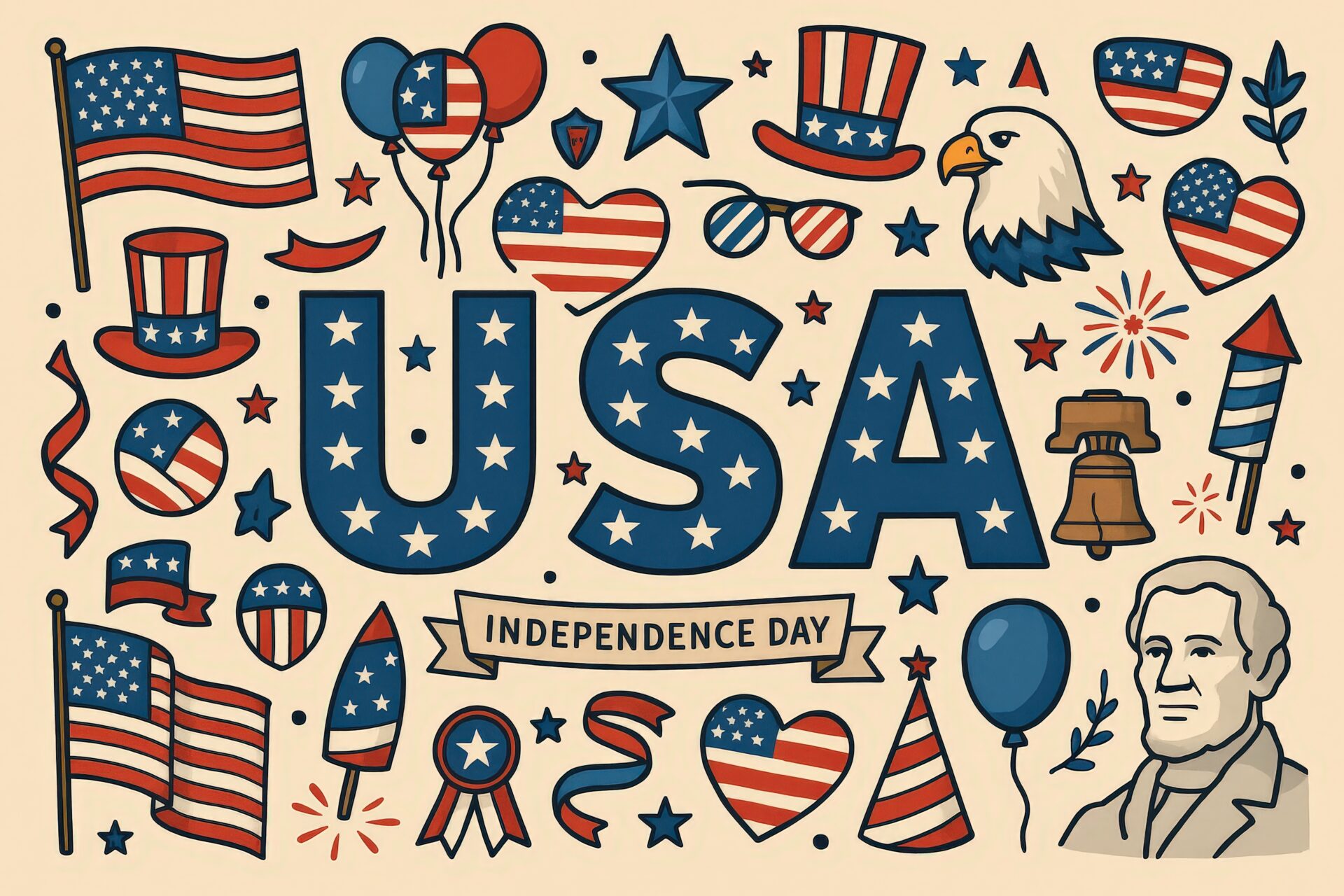 独立記念日を祝うアメリカンアイテムの集合デザイン