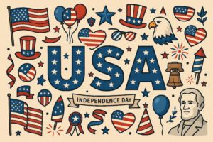 独立記念日を祝うアメリカンアイテムの集合デザイン