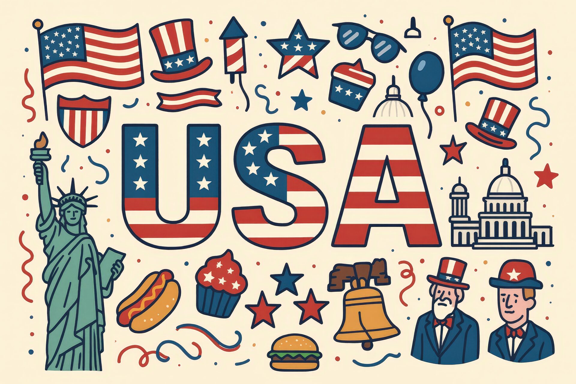 アメリカンフードと自由の女神が描かれた祝祭風デザイン