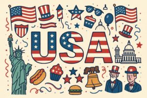 アメリカンフードと自由の女神が描かれた祝祭風デザイン