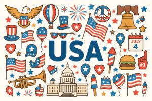 USAを中心に配置された独立記念日モチーフのイラスト