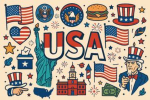 星条旗とアメリカの象徴が散りばめられた楽しいデザイン