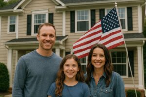 星条旗の前で自宅の前に立つ家族