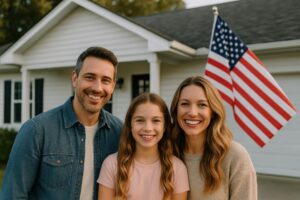 アメリカ国旗の前で微笑む家族