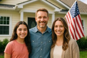 アメリカの家の前で仲良く並ぶ親子
