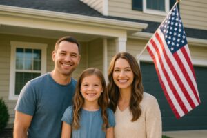 自宅前でアメリカ国旗と写る家族