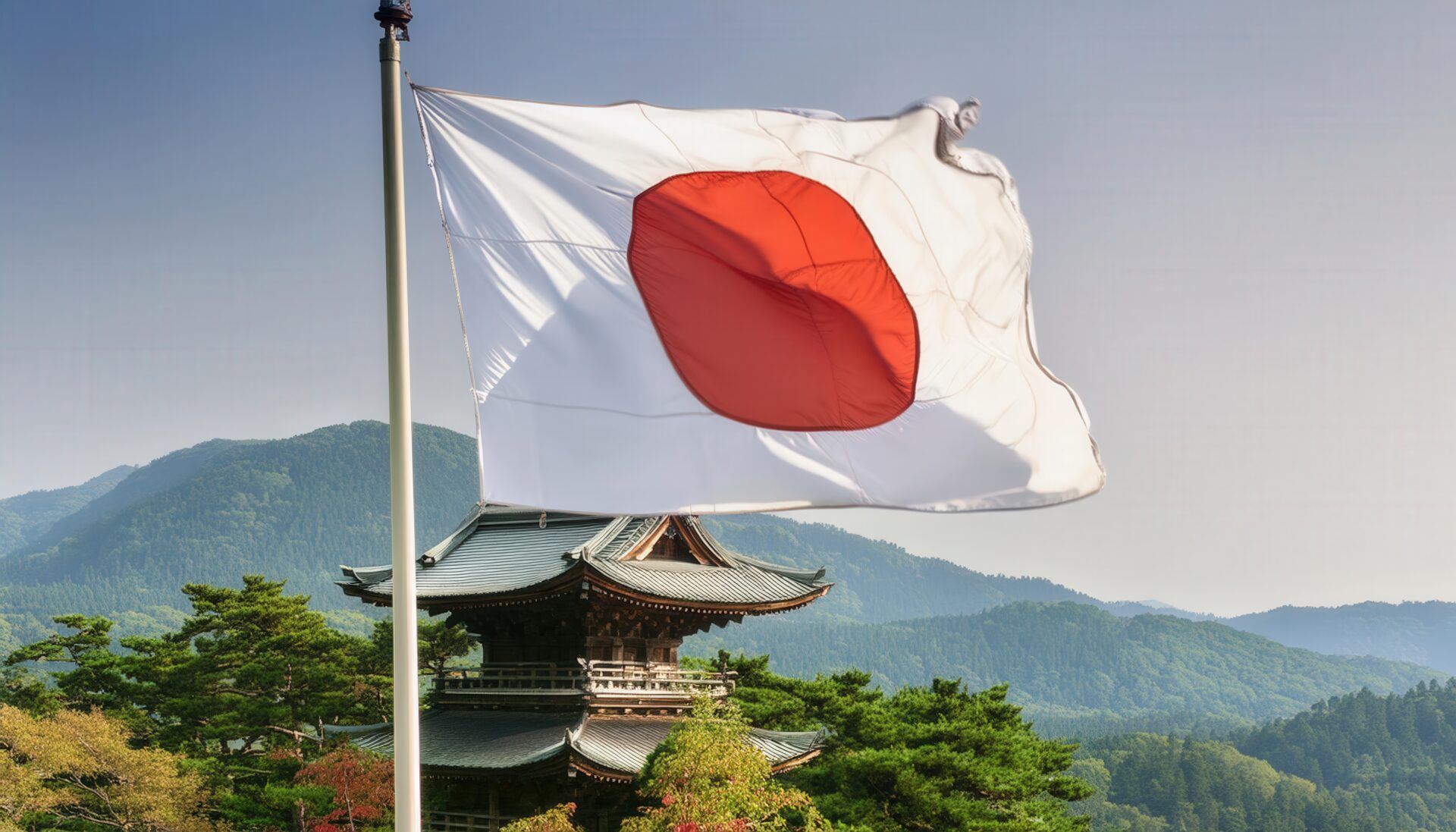 日本国旗と伝統的な寺院、自然風景