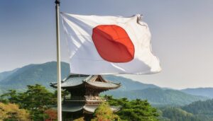 日本国旗と伝統的な寺院、自然風景