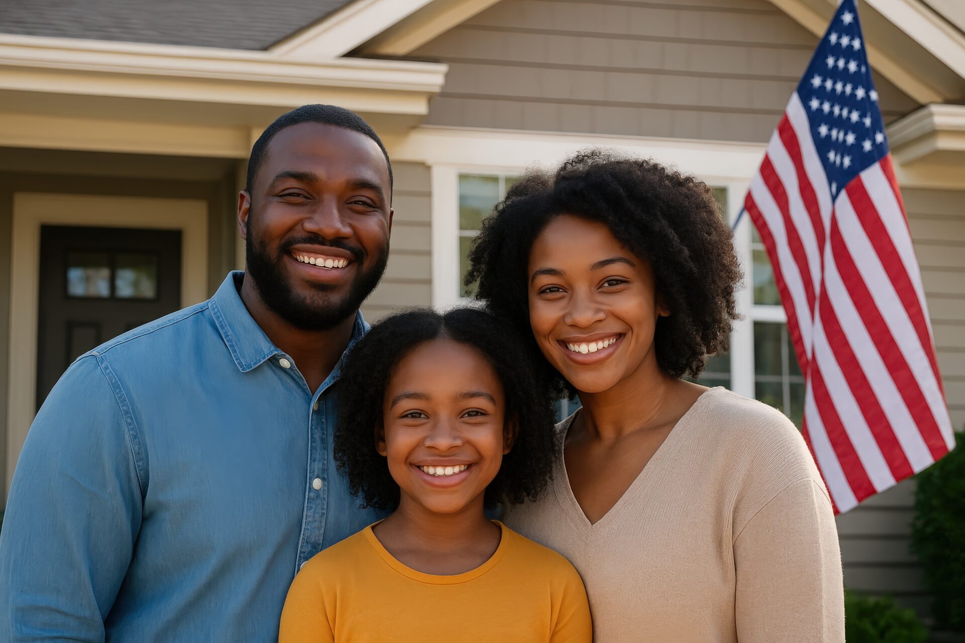 星条旗と一緒に写る笑顔の親子
