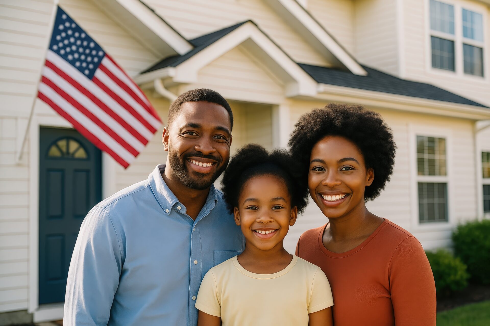 アメリカの家の前で立つ家族