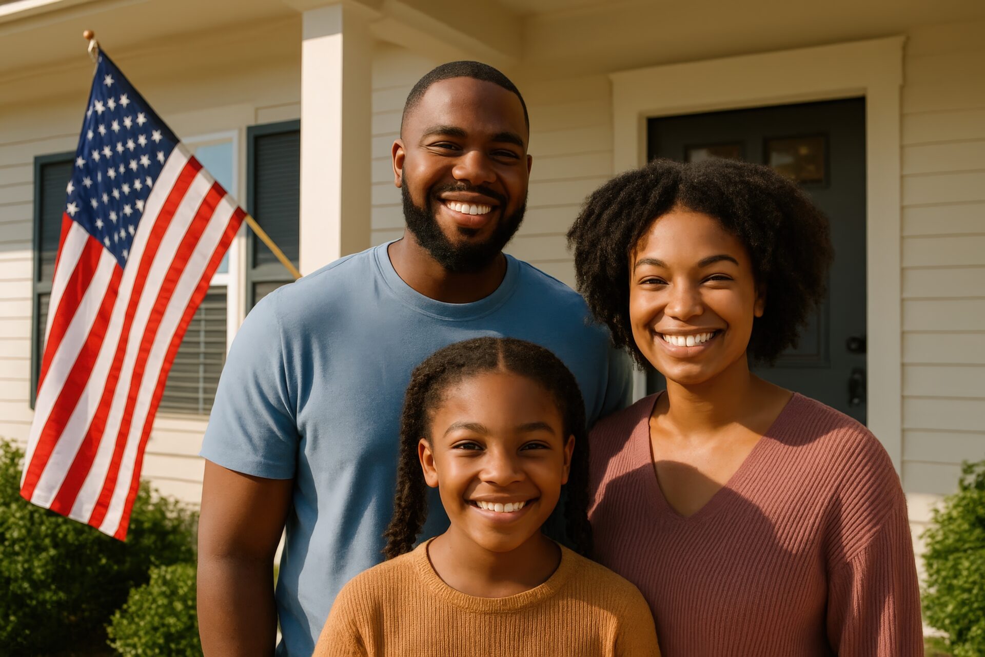 アメリカ国旗の前で笑顔の家族