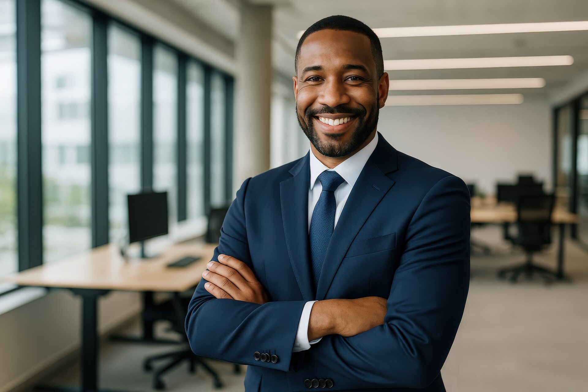 オフィスで腕を組んで微笑むスーツ姿のビジネスパーソン