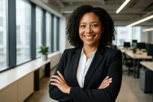 オフィスで仕事に向き合うスーツ姿の女性