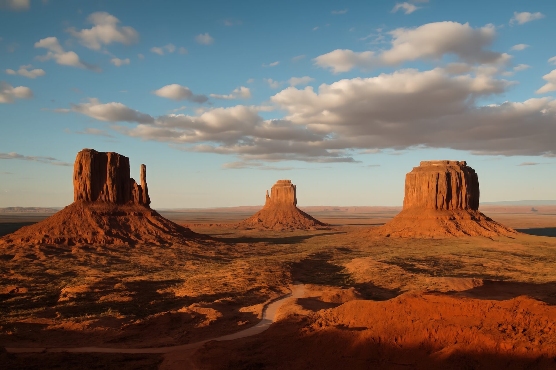 夕日に照らされたモニュメントバレーの岩山群
