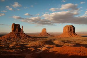夕日に照らされたモニュメントバレーの岩山群