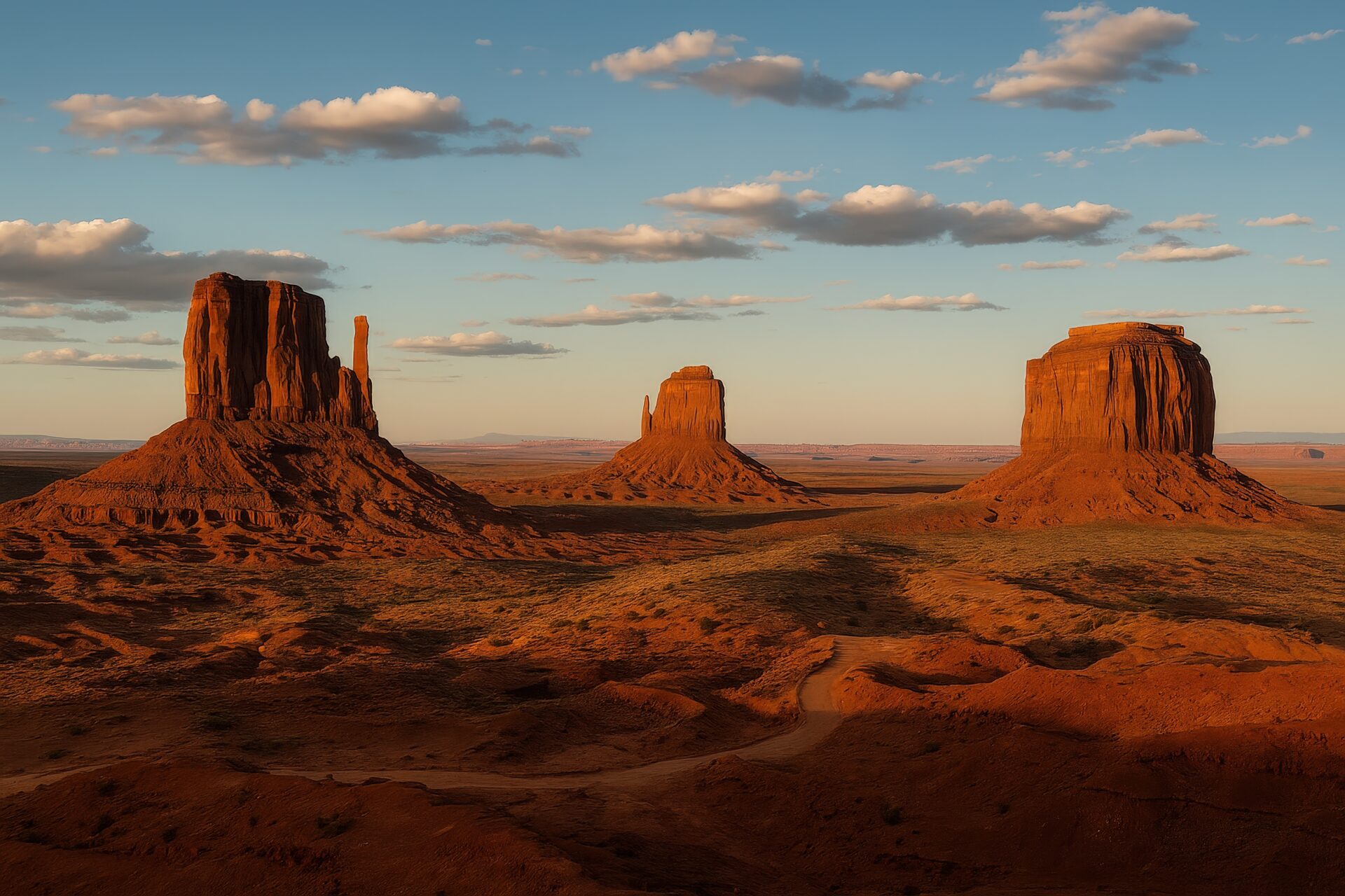 日没のモニュメントバレーと広がる荒野