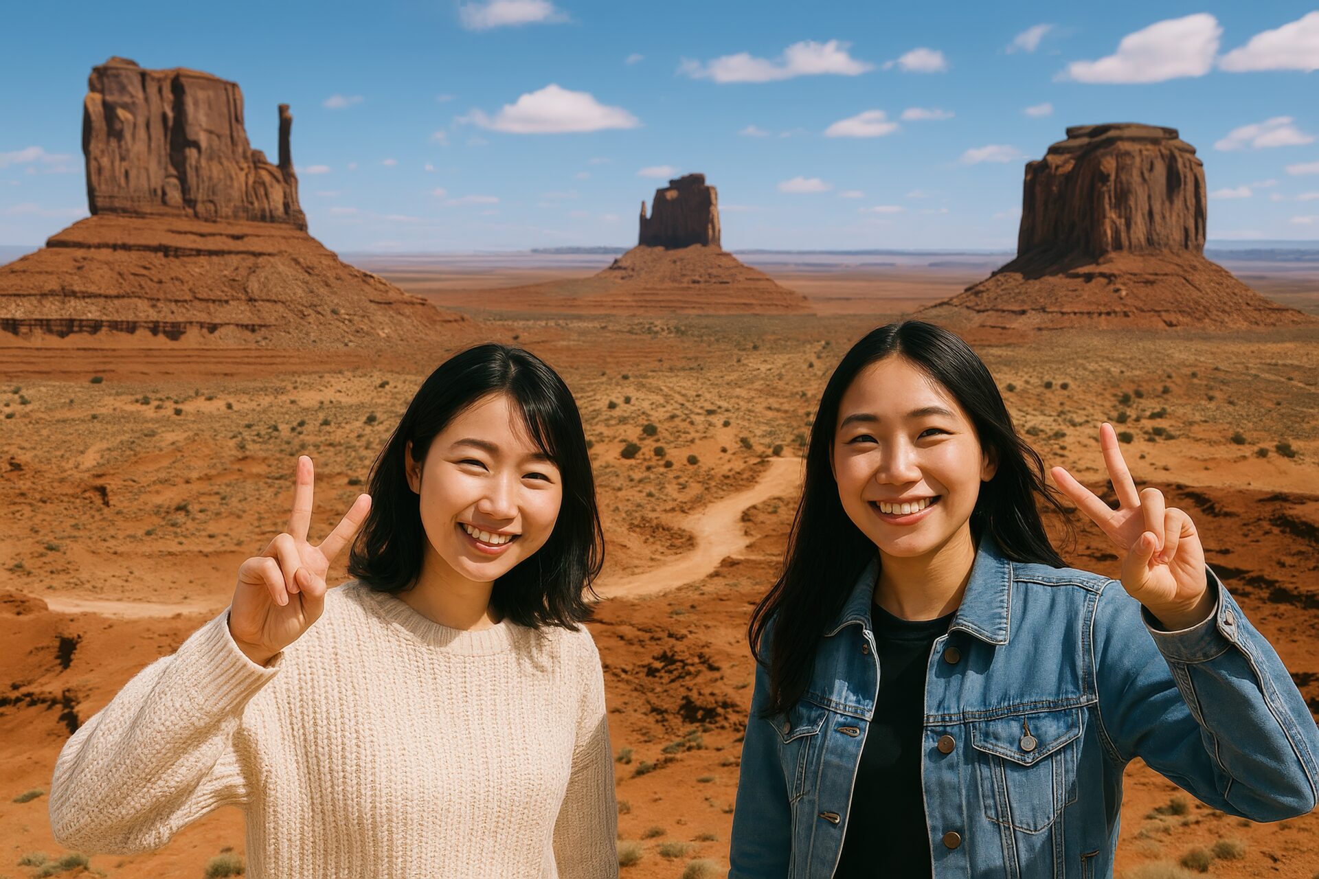 モニュメントバレーでピースサインをする旅行者