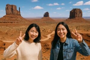 モニュメントバレーでピースサインをする旅行者
