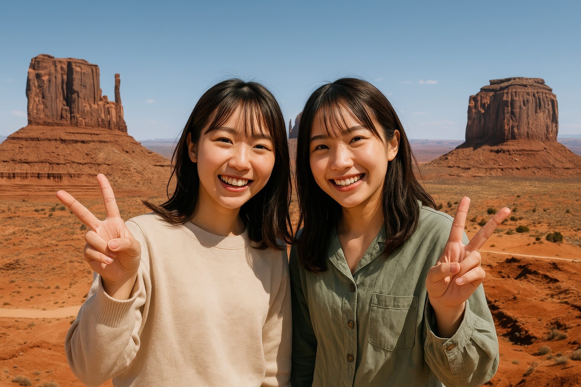 モニュメントバレーで笑顔を見せる観光客