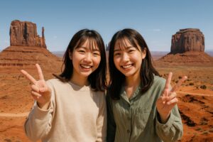 モニュメントバレーで笑顔を見せる観光客