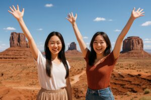 モニュメントバレーで両手を上げてはしゃぐ若者