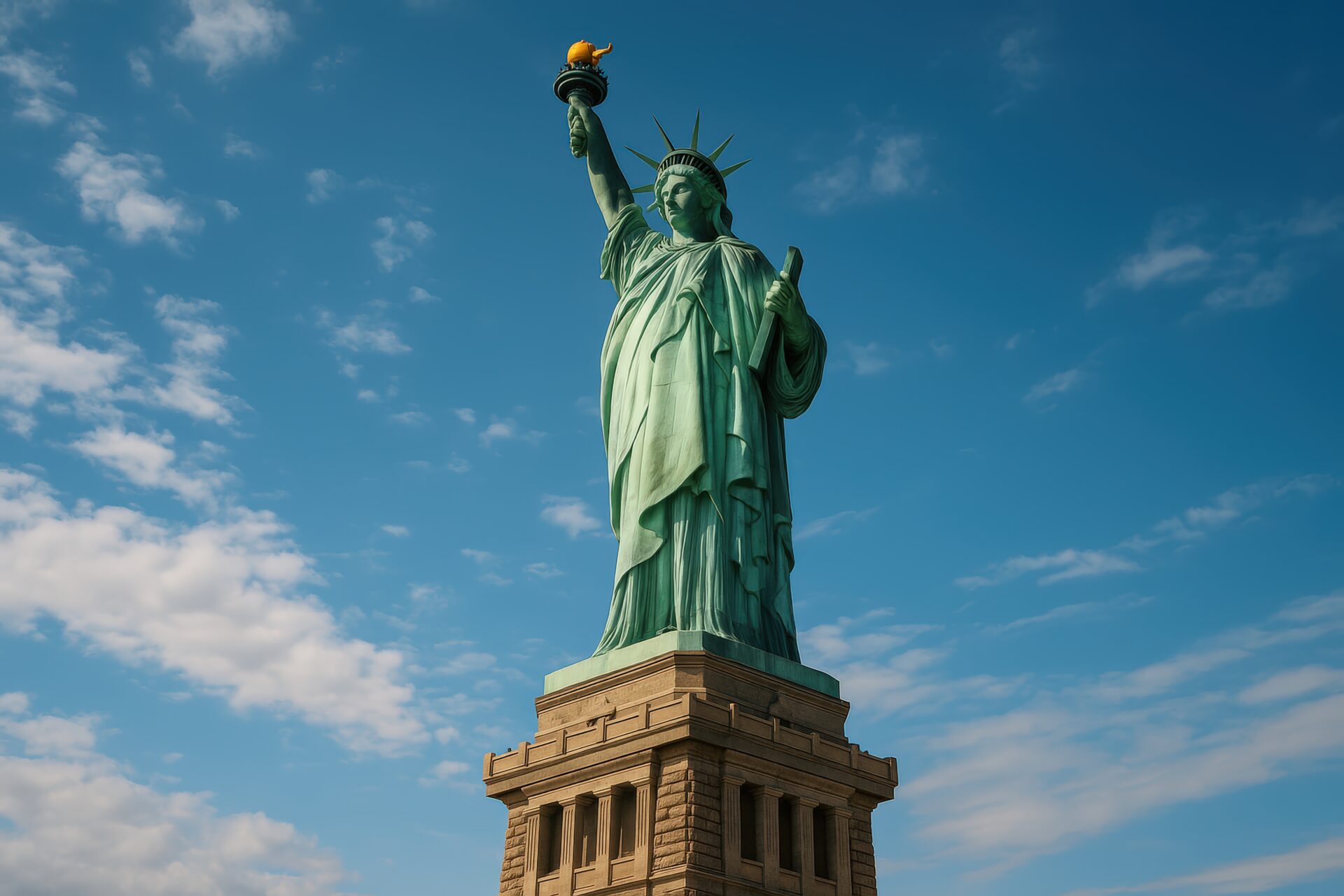 青空にそびえる自由の女神像