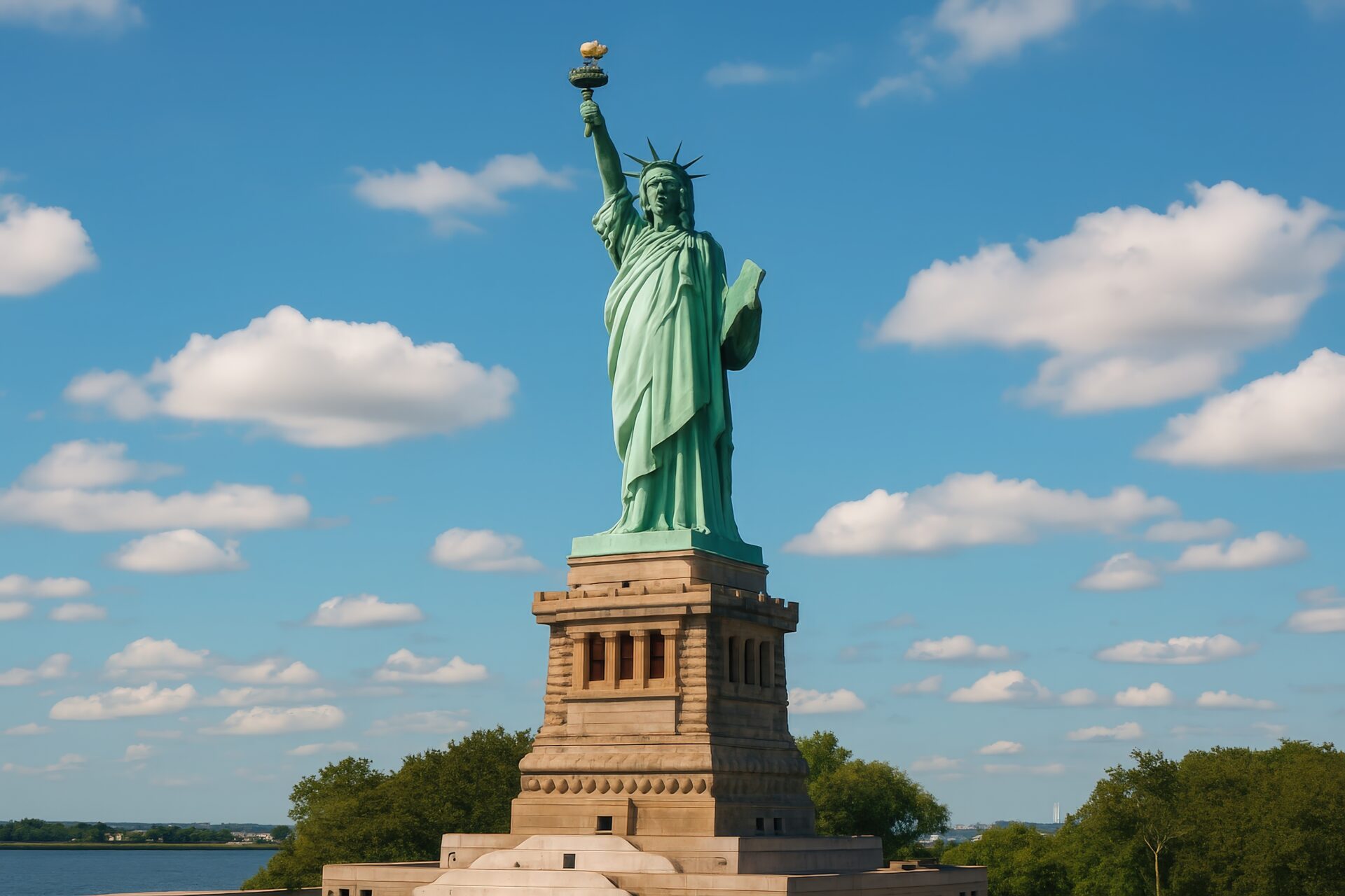 晴天の下で見上げる自由の女神