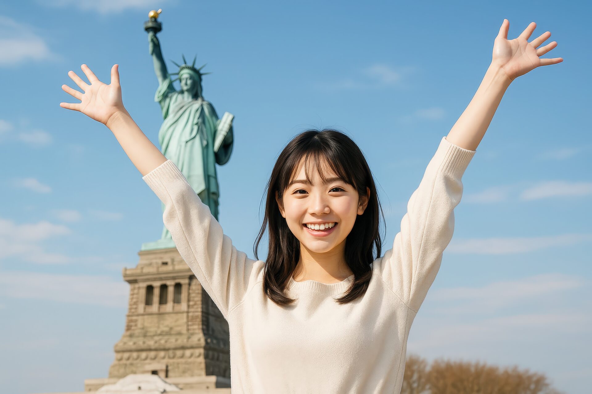 自由の女神像を背景に両手を広げる若い女性