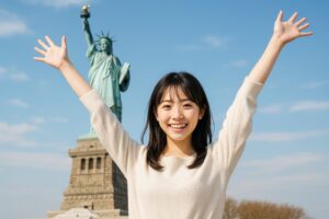 自由の女神像を背景に両手を広げる若い女性