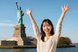 自由の女神像の前で笑顔でポーズする若い女性