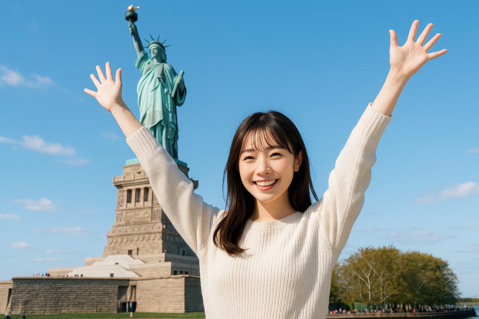 自由の女神像を背景に楽しそうに手を挙げる若い女性
