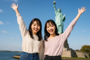 自由の女神像を背景に笑顔で並ぶ若い女性二人