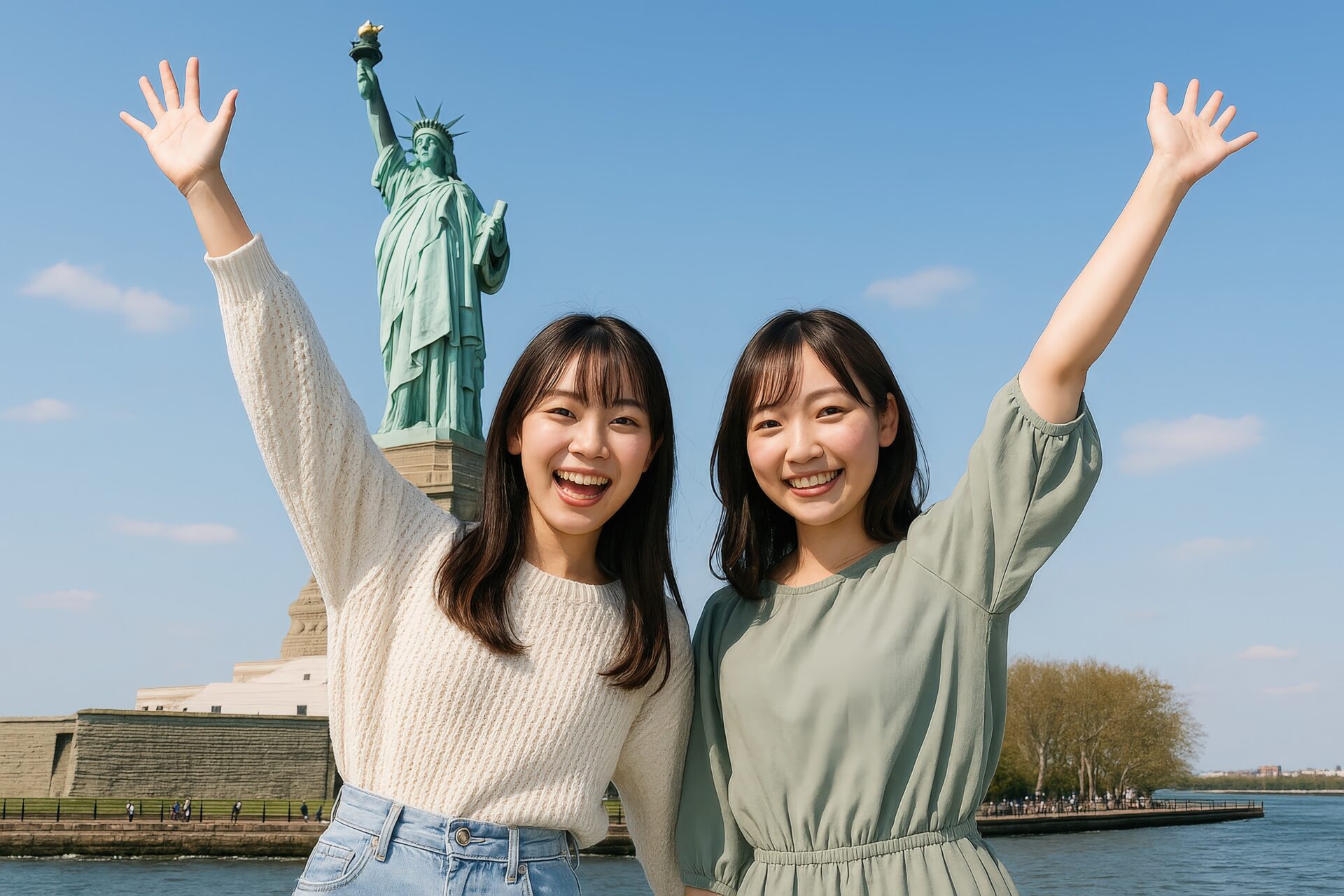 自由の女神像の前で手を挙げて並ぶ若い女性二人