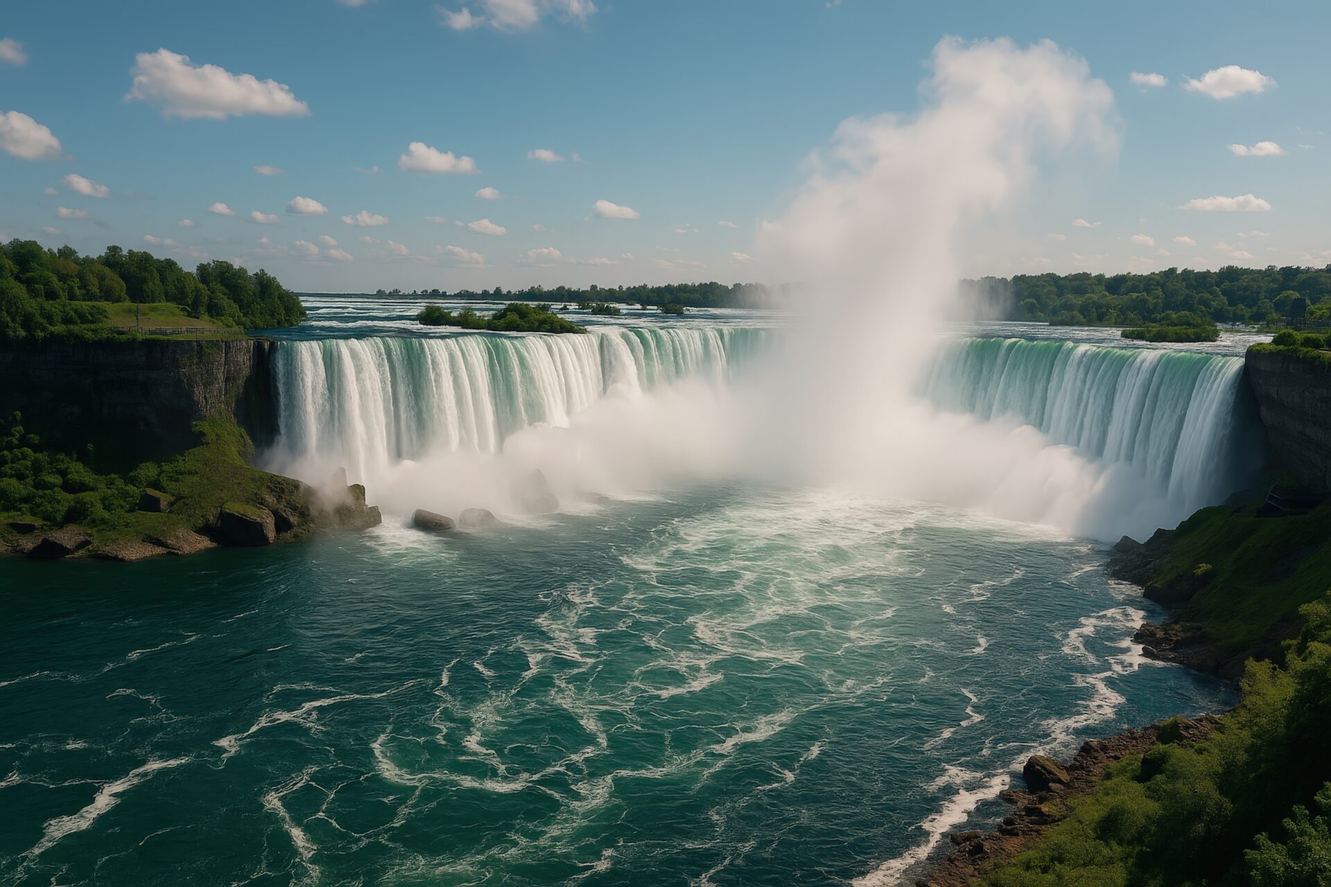 ナイアガラの滝の迫力ある水しぶきと流れ