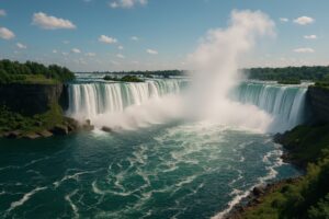 ナイアガラの滝の迫力ある水しぶきと流れ