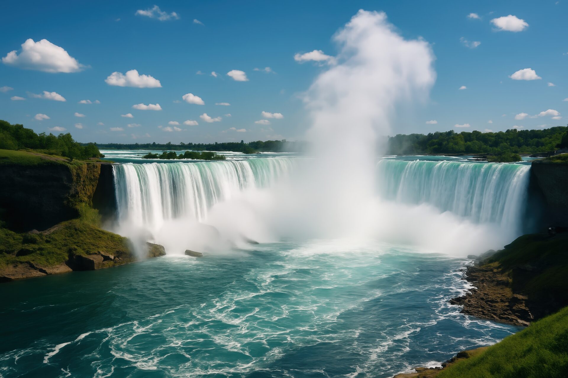 青空の下で流れ落ちるナイアガラの滝