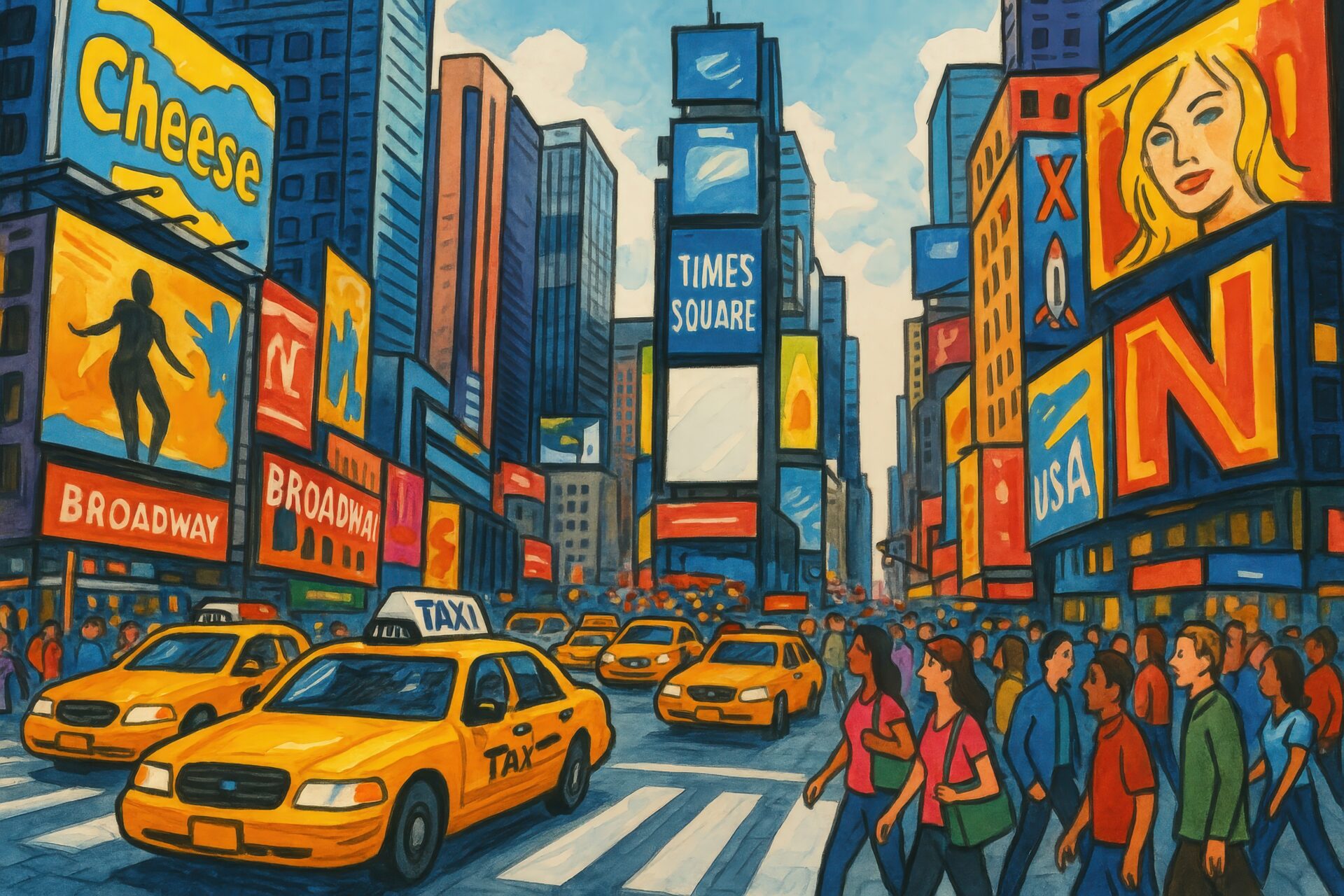 イラストで描かれたタイムズスクエアの街並みと人々