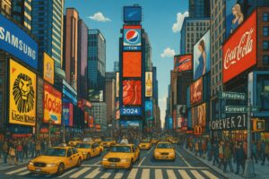 タイムズスクエアを描いたイラストとイエローキャブ