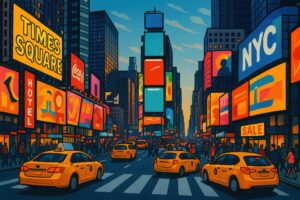 夕暮れのタイムズスクエアを表現したイラスト